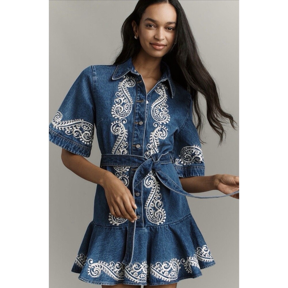 Anthropologie Blue Denim Embroidered Midi Dress
